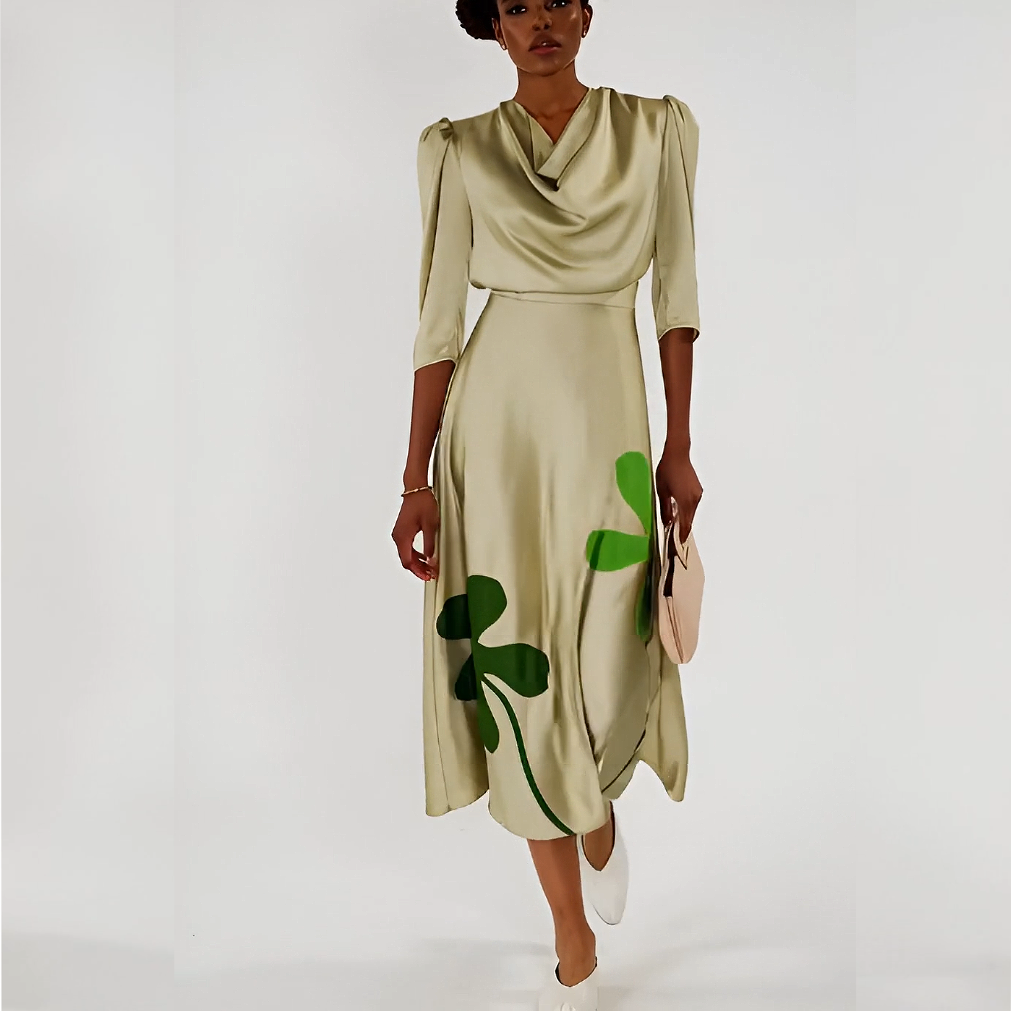 Elan Draped Botanical Silk Dress