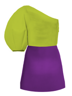 Green and purple one-shoulder dress on a white background