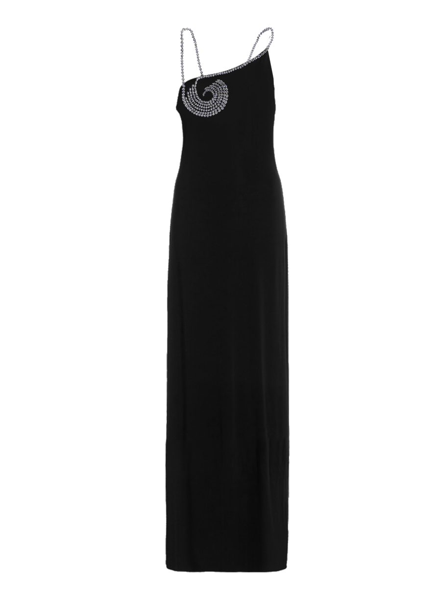 Black evening gown with silver embellishments on a white background