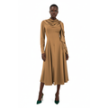 Woman wearing a brown dress with a matching hijab on a white background