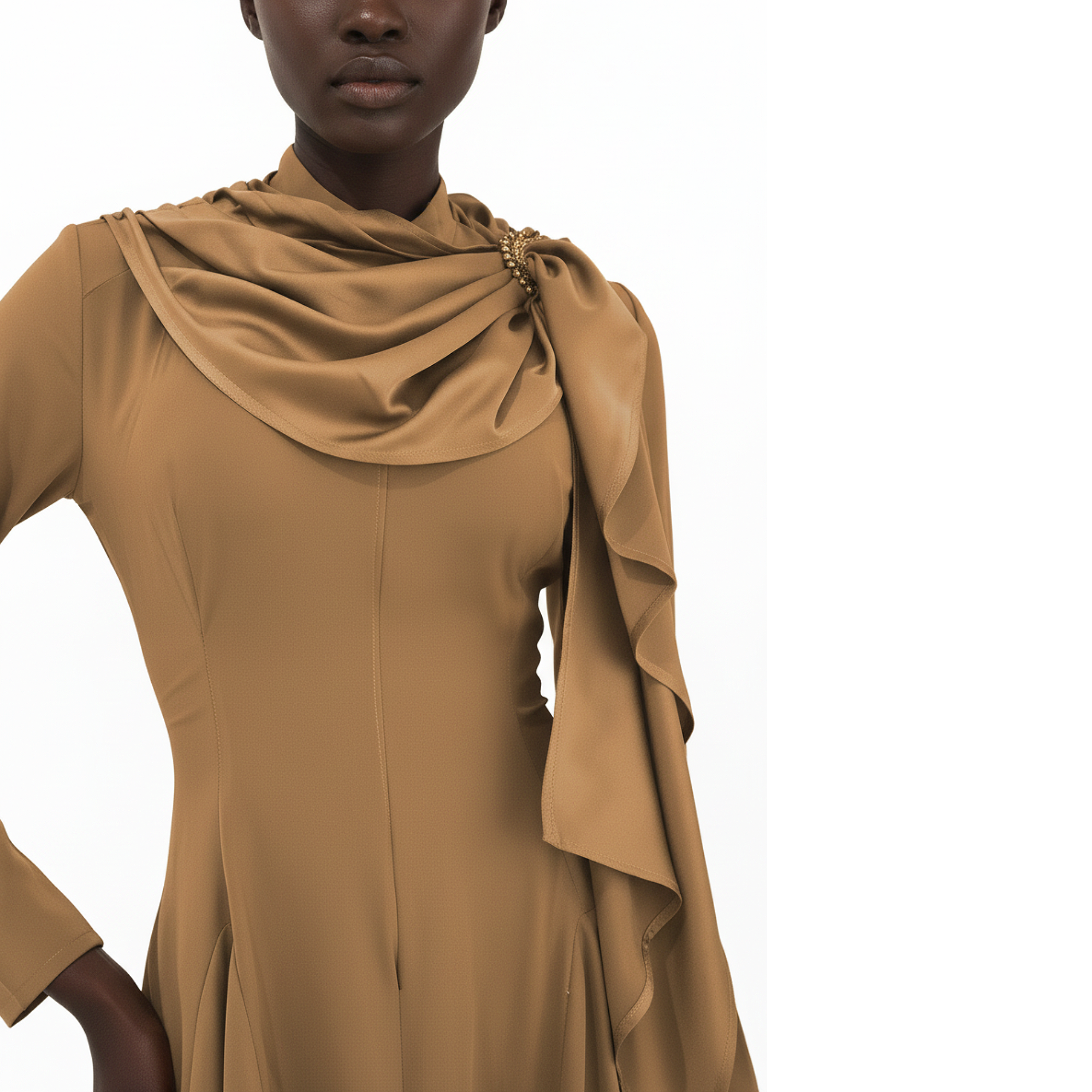 Brown dress with a draped effect on a white background