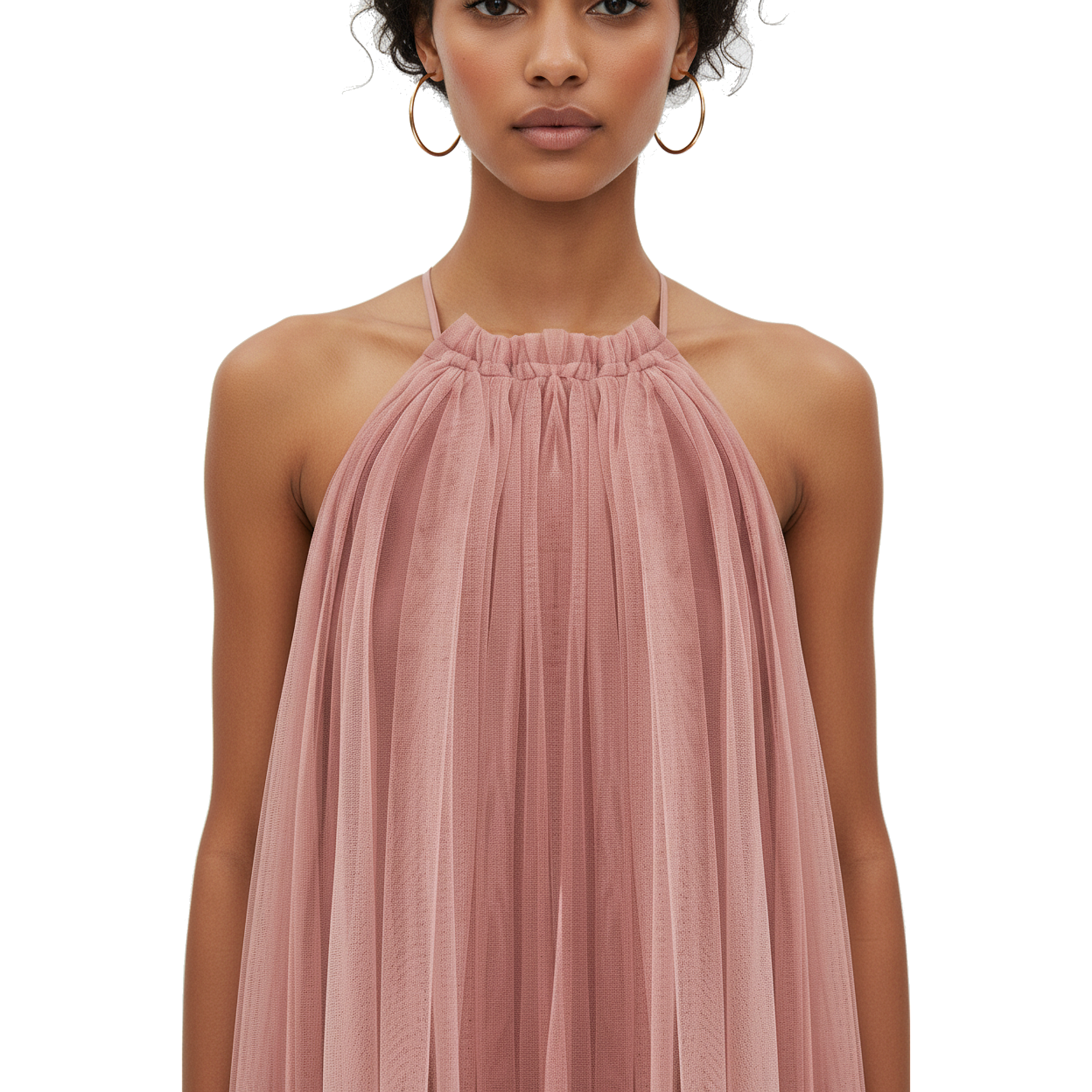 Woman wearing a pink halter neck dress on a white background