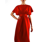 Red dress worn by a model on a white background