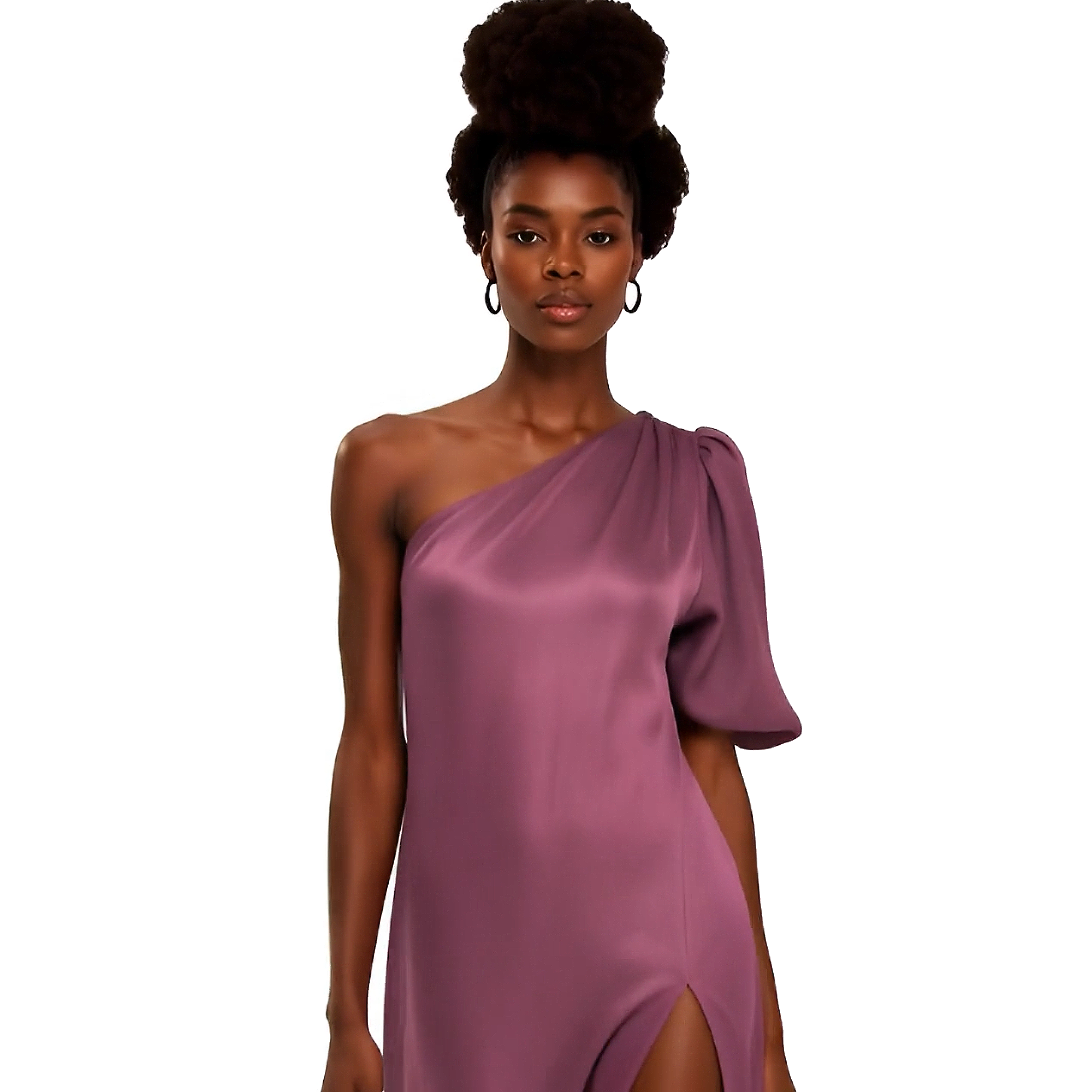 Woman wearing a one-shoulder purple dress on a white background
