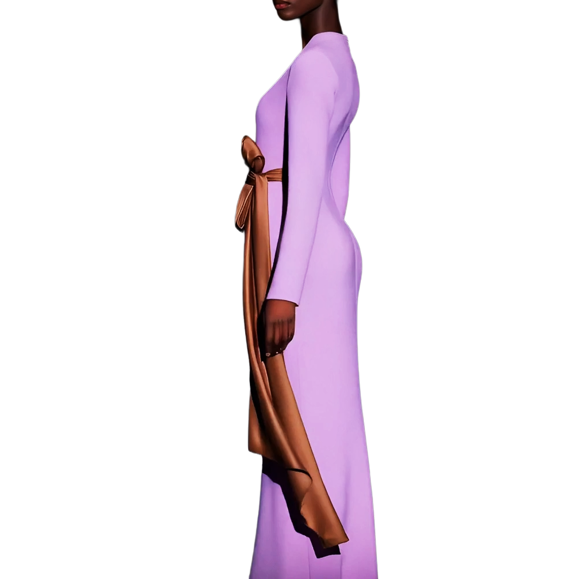 Purple dress with a brown belt on a white background