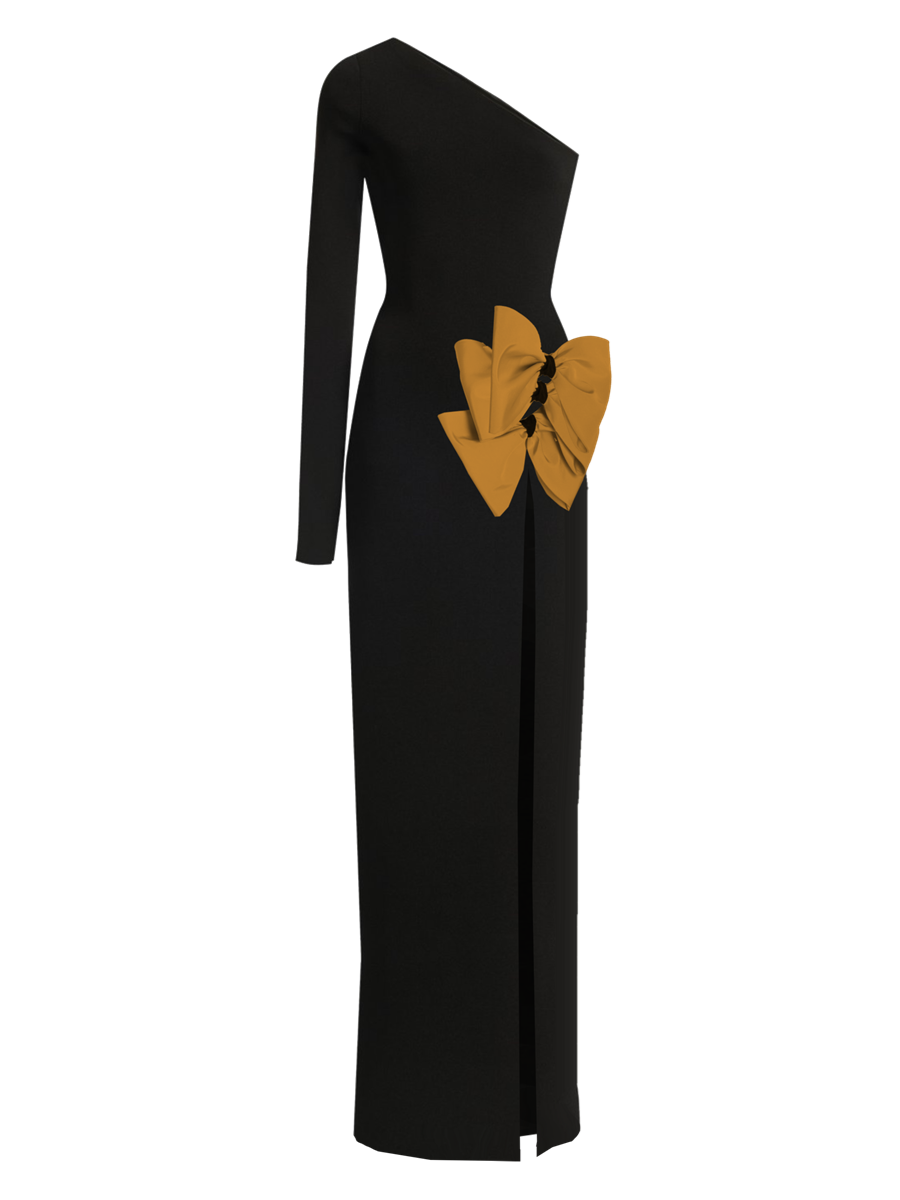 Black one-shoulder dress with a large yellow bow on a white background