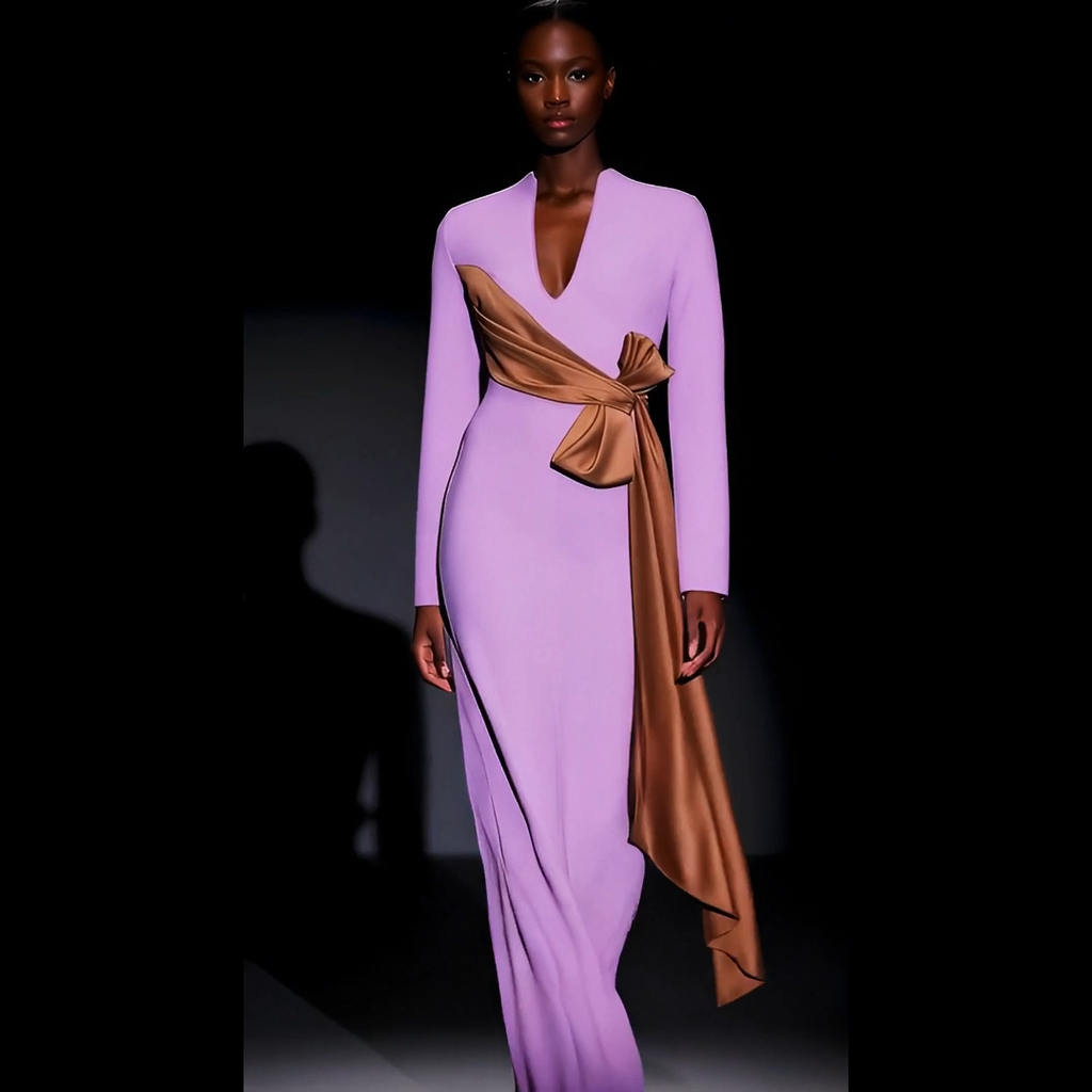 Model wearing a long purple dress with a brown belt on a dark background