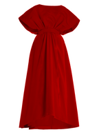 Red dress with a fitted bodice and flowing skirt on a white background