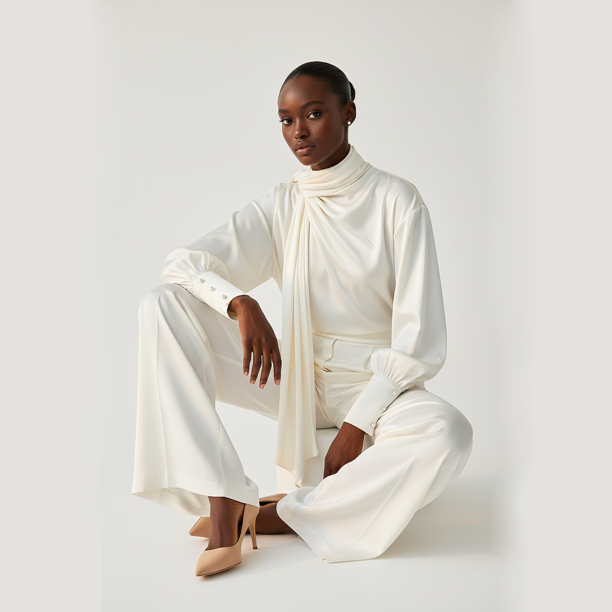 Woman wearing a white outfit sitting on a white background