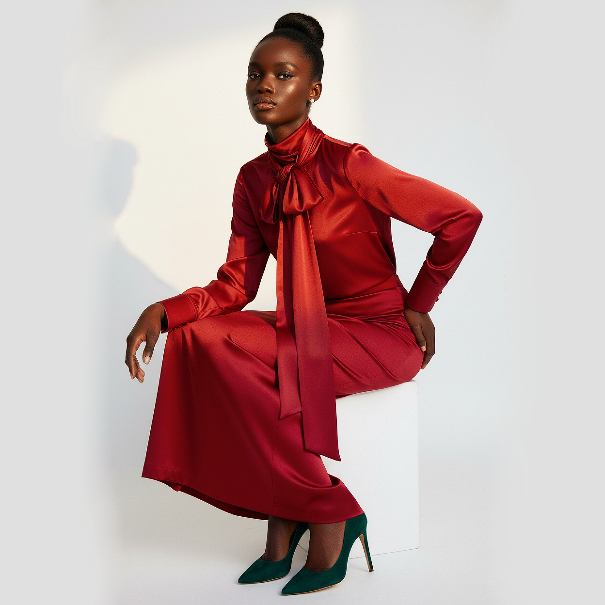 Woman wearing a red outfit with a large bow tie on a white background