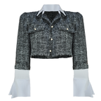 Black and white textured jacket with white shirt underneath on a white background