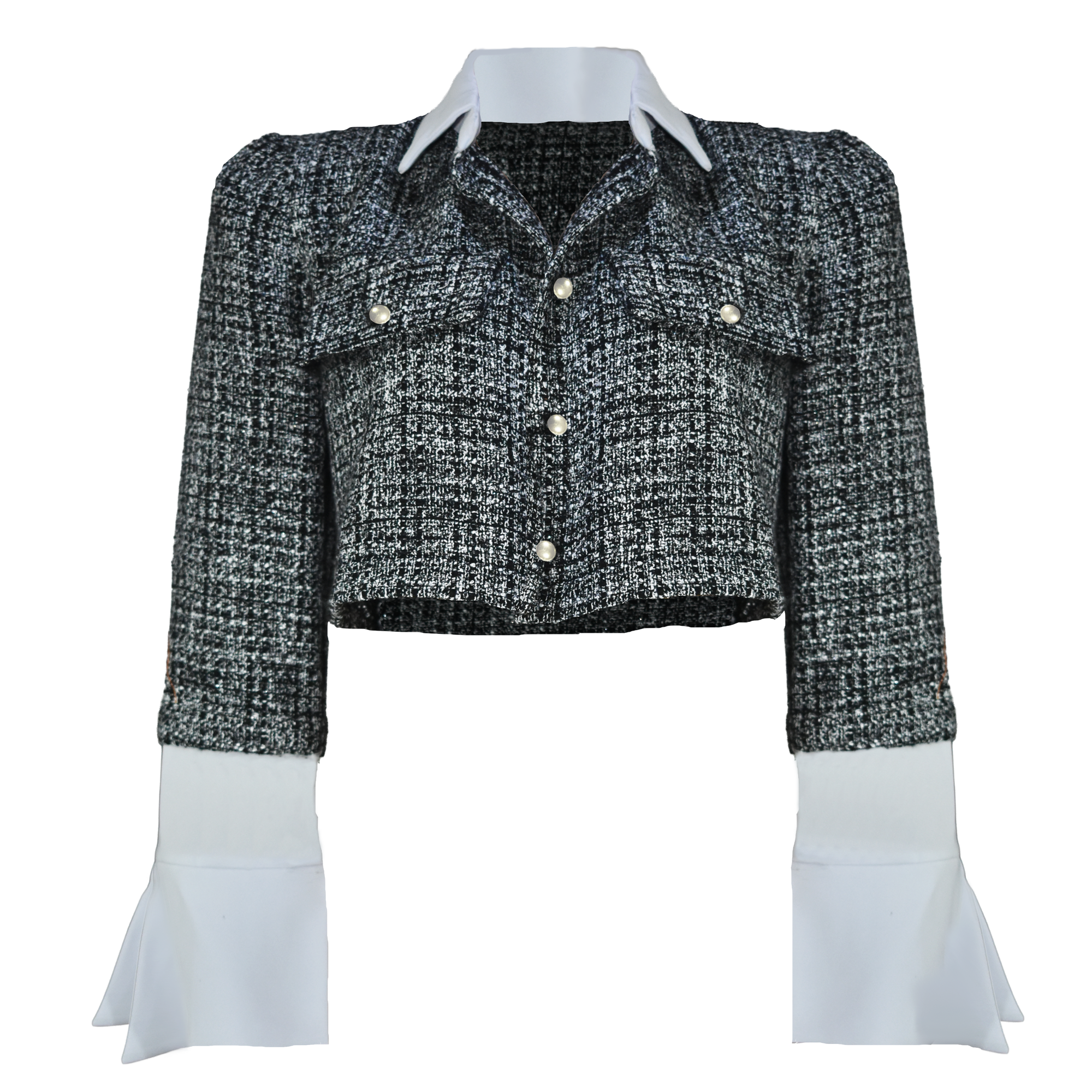 Black and white textured jacket with white shirt underneath on a white background