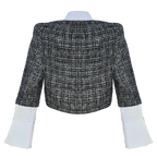 Black and white checkered tweed blazer with white shirt collar on a white background
