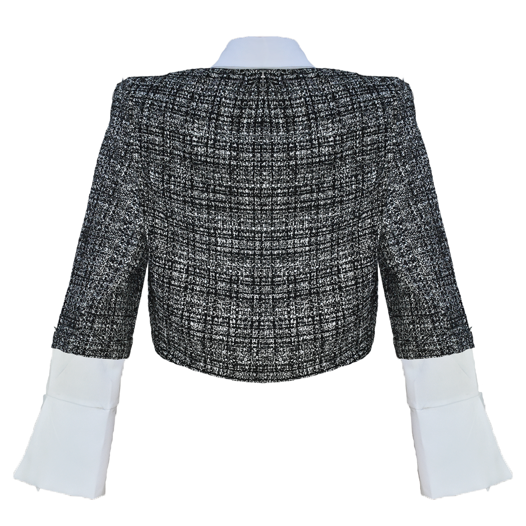 Black and white checkered tweed blazer with white shirt collar on a white background