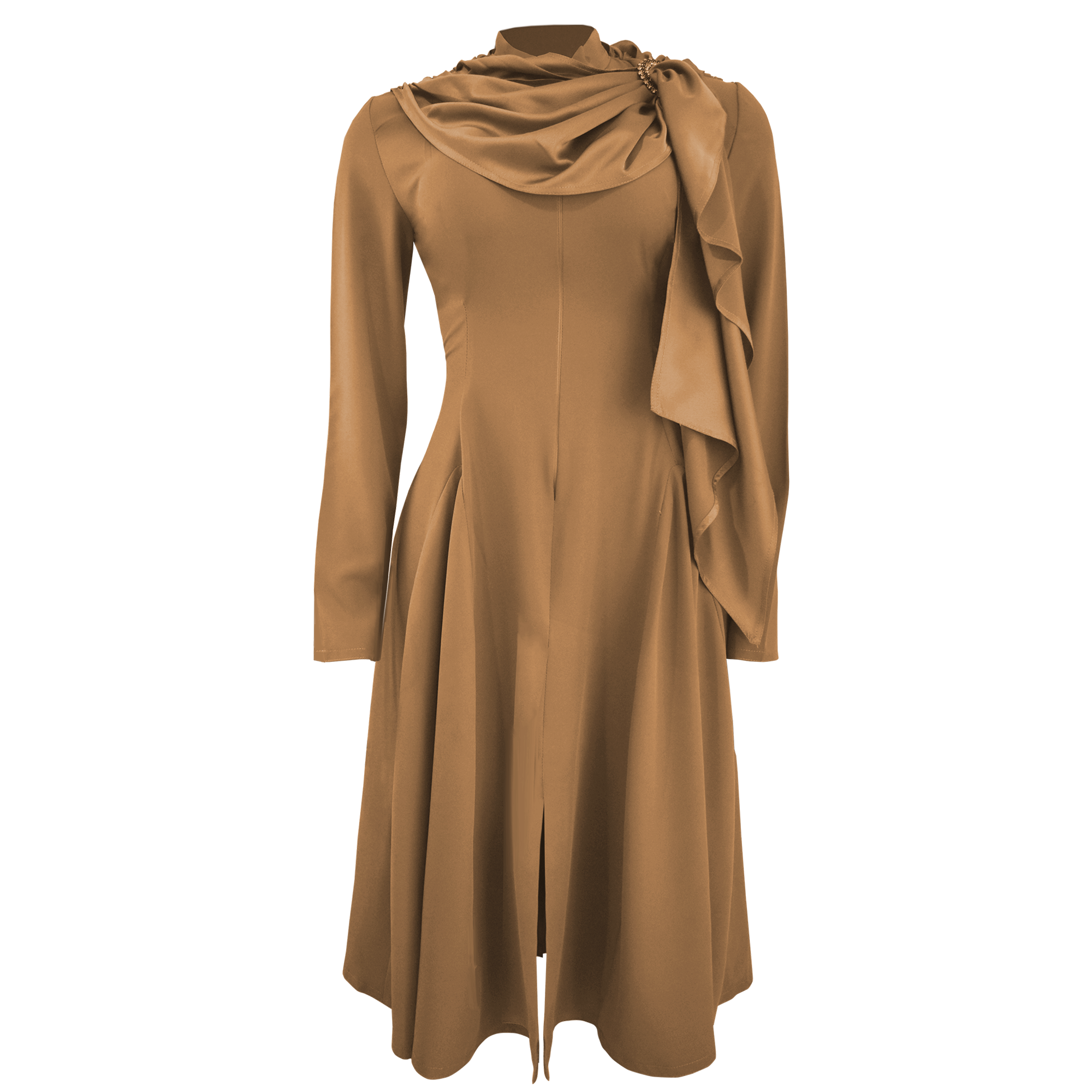 Brown dress with a draped design on a white background