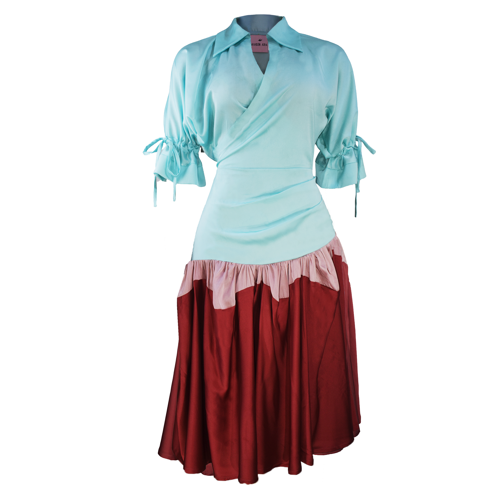 Light blue top and red skirt on a white background