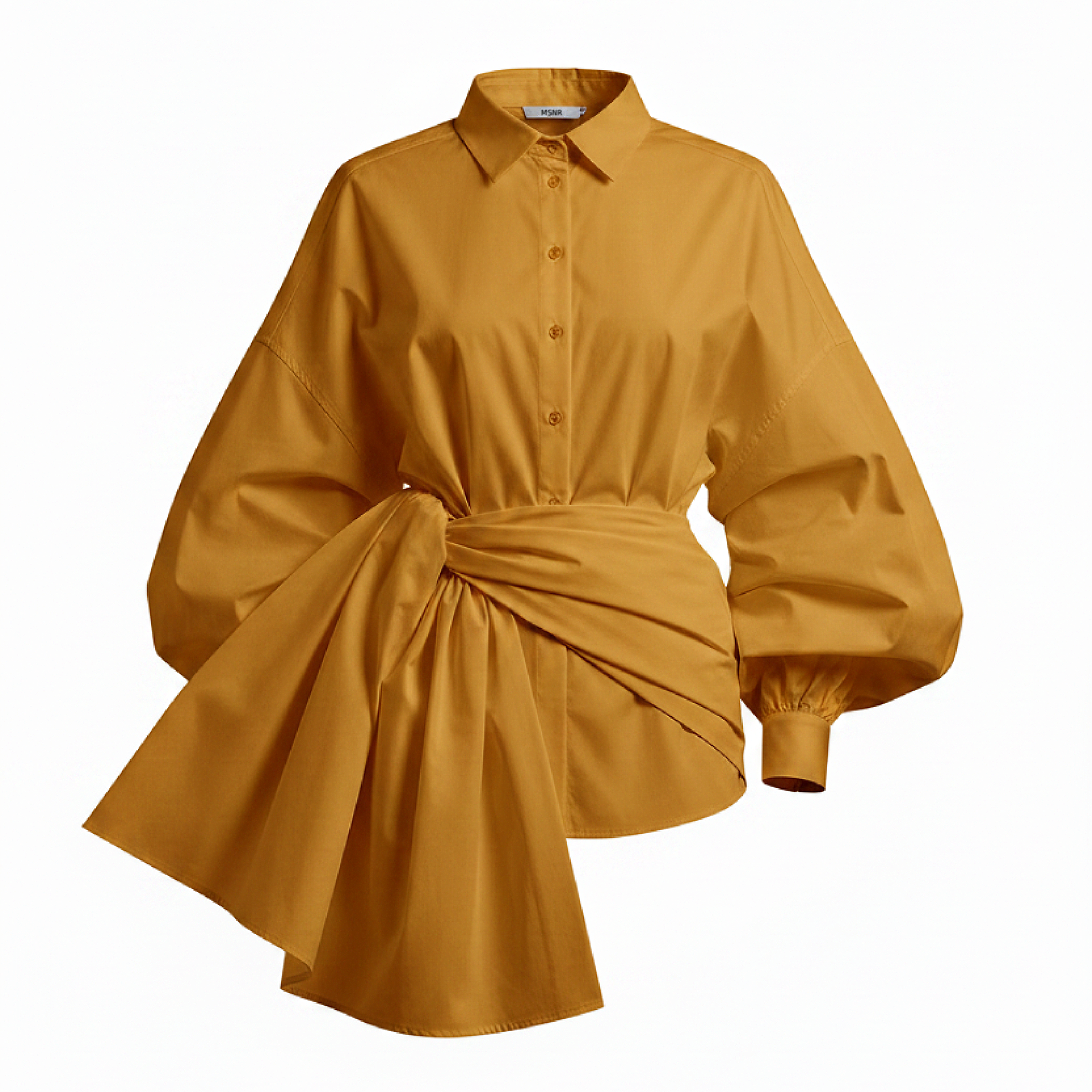 Mustard yellow shirt with a tie-waist design on a white background