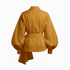Mustard yellow jacket with puff sleeves on a white background