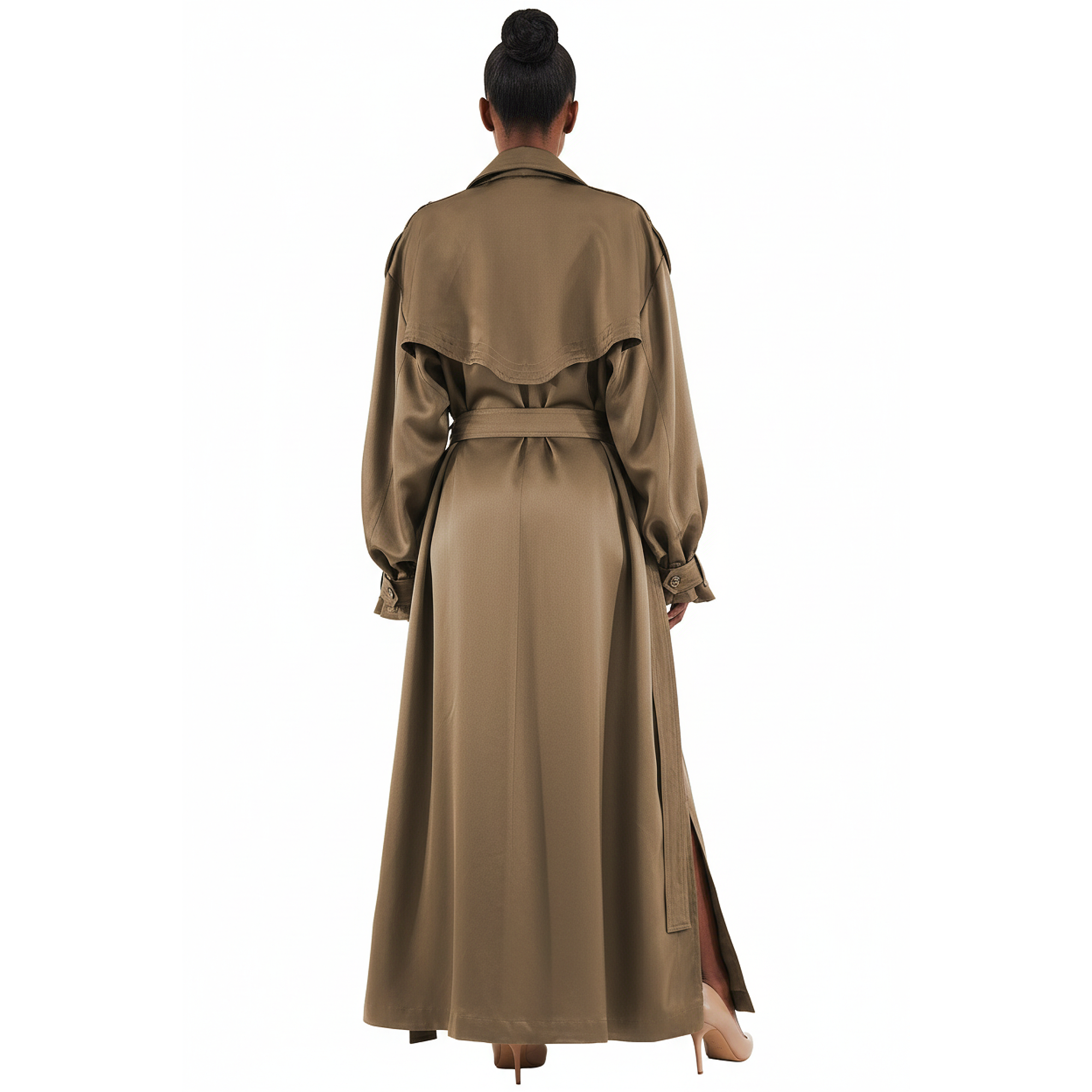 Woman wearing a long brown coat on a white background