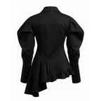 Black shirt with ruffled design on a white background
