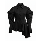 Black shirt with ruffled design on a white background