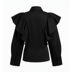 Black blouse with ruffled shoulders on a white background