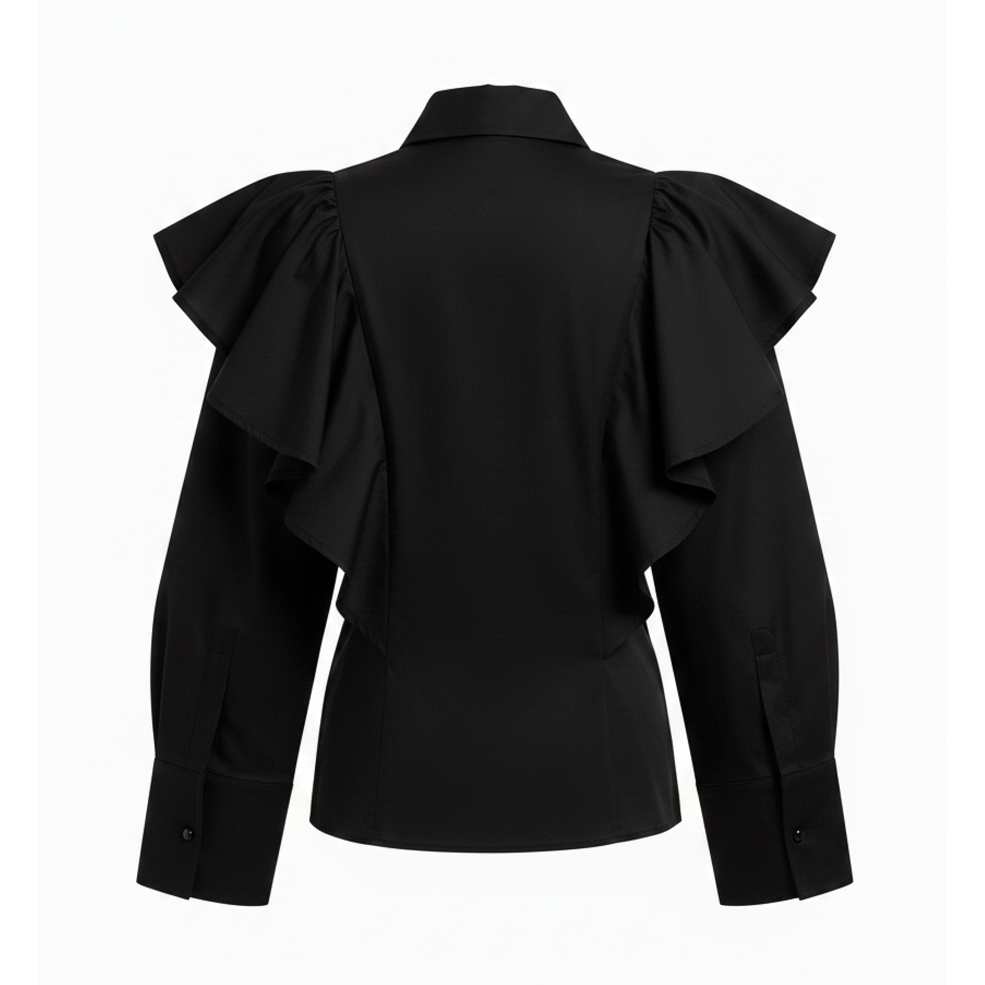 Black blouse with ruffled shoulders on a white background