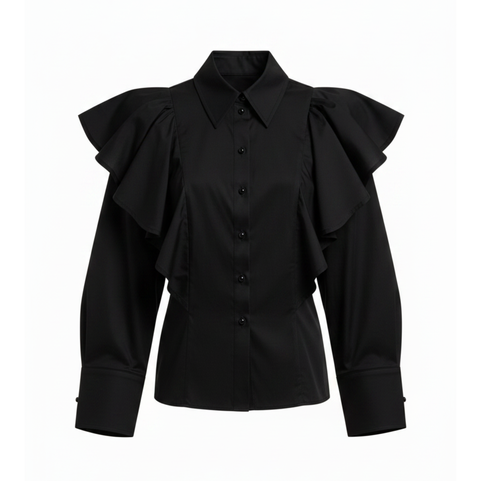 Black blouse with ruffled shoulders on a white background