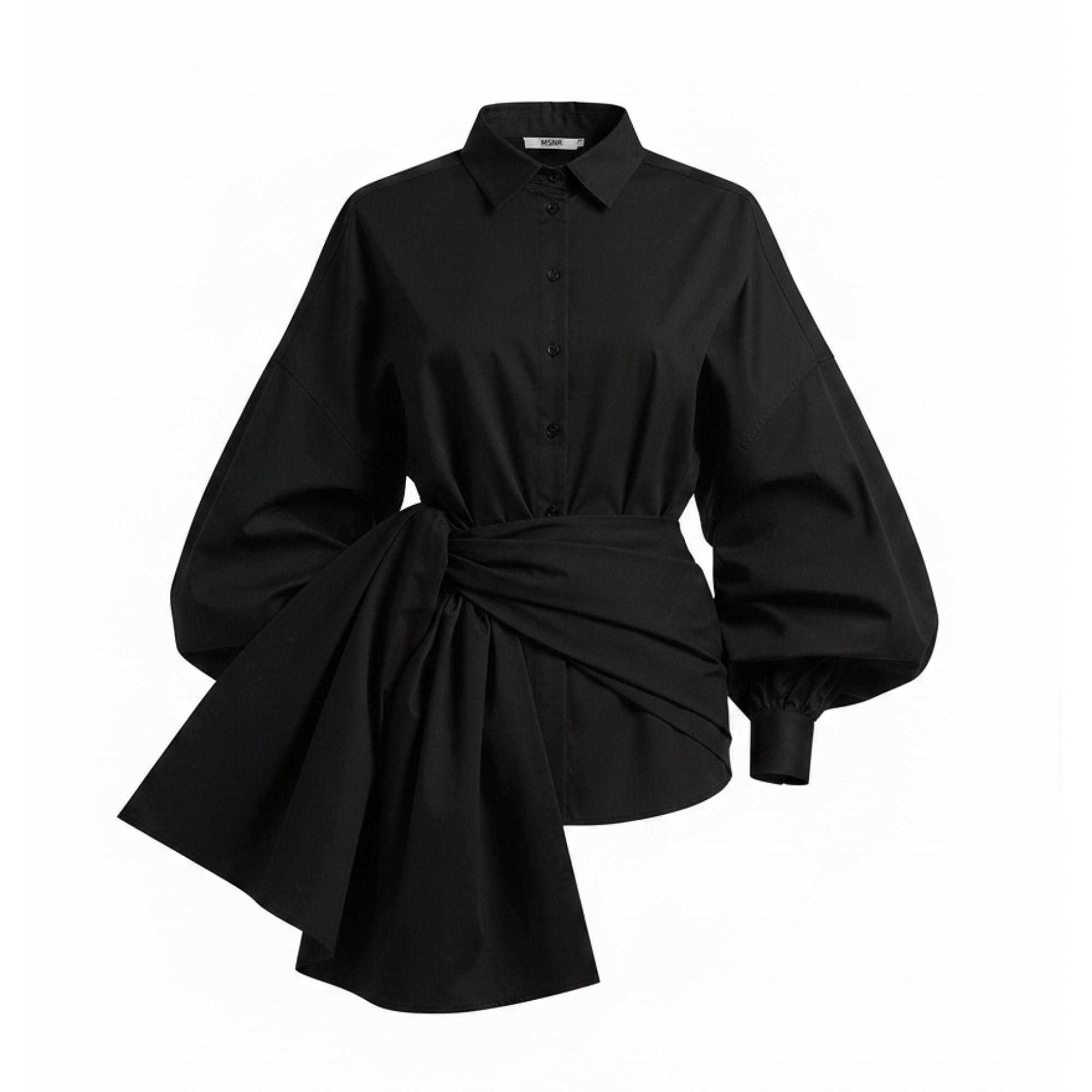 Black shirt with a tie-waist design on a white background