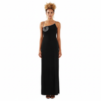 Woman wearing a black evening gown with a decorative strap on a white background