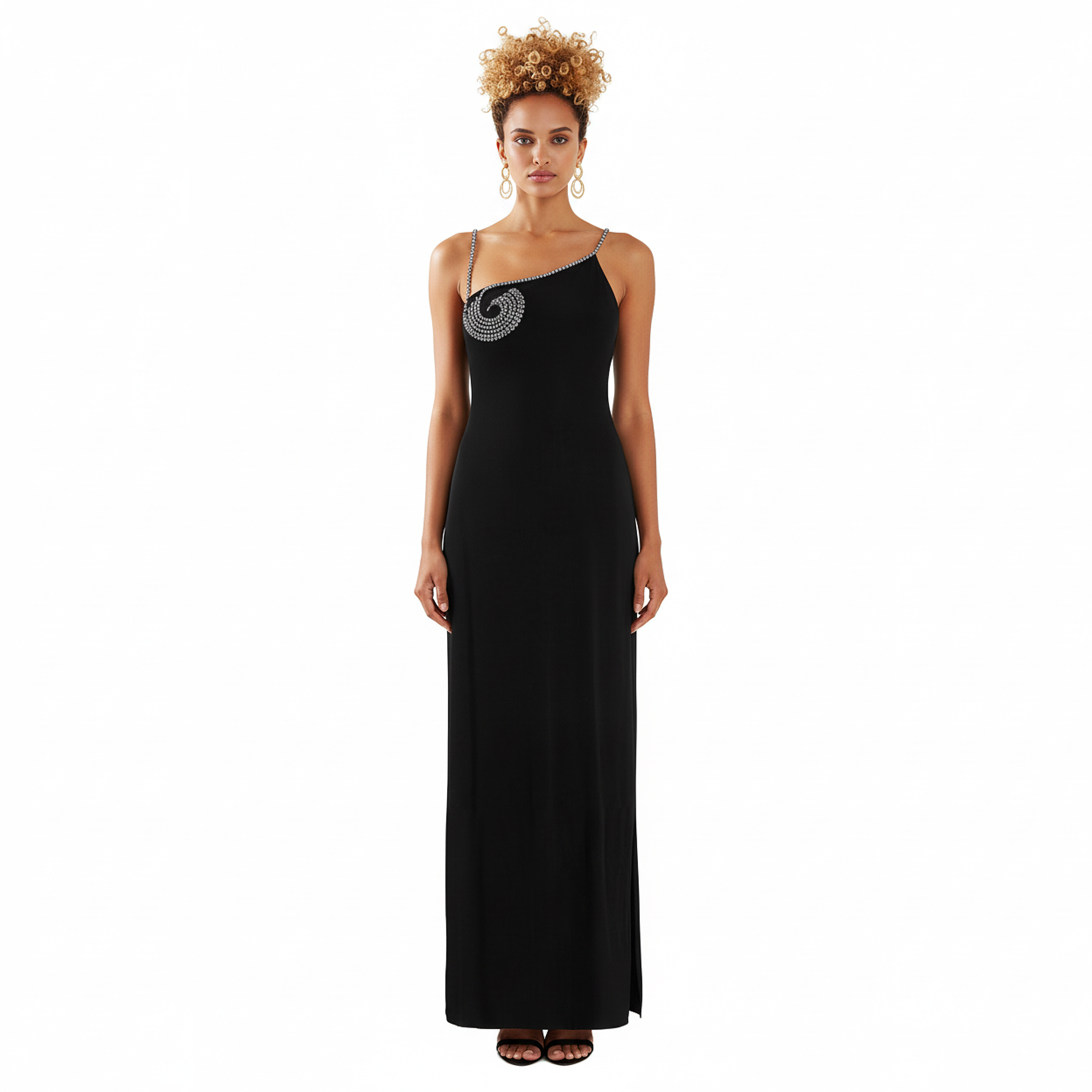 Woman wearing a black evening gown with a decorative strap on a white background