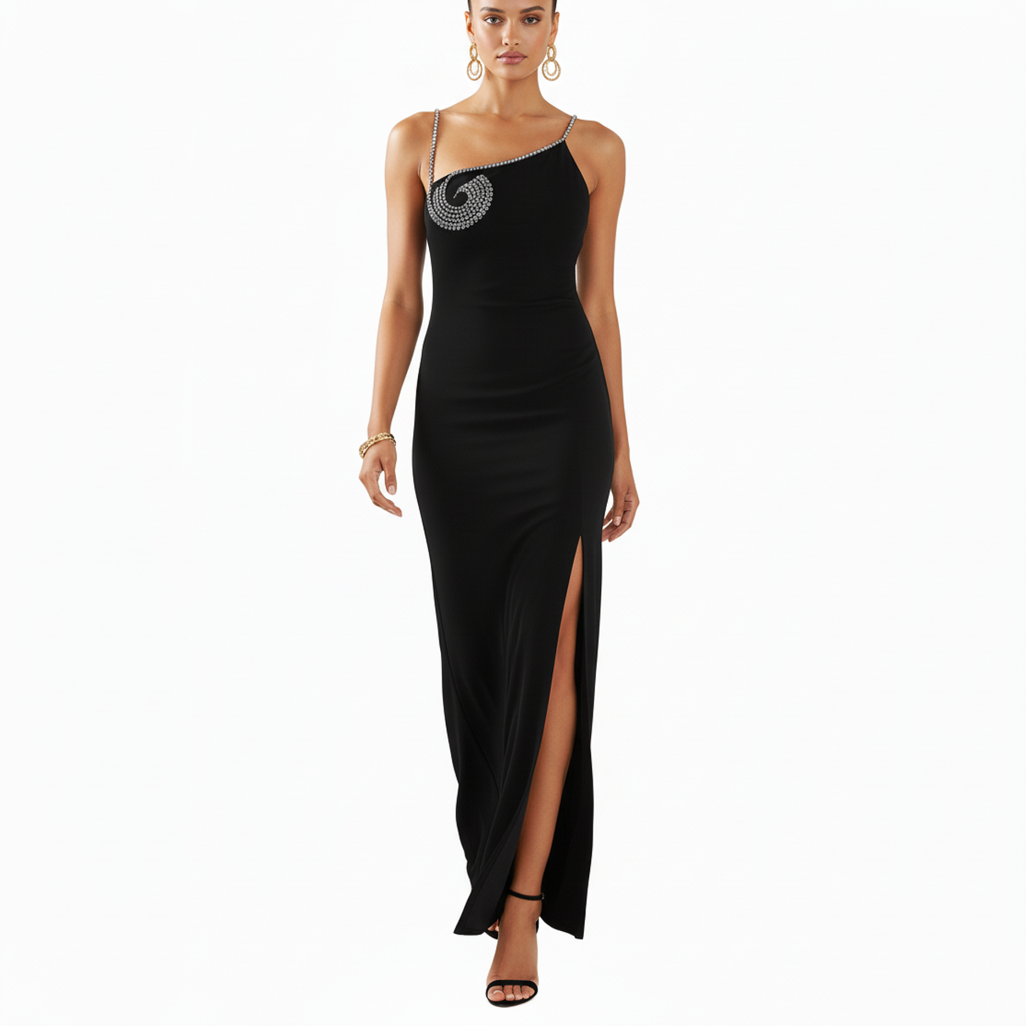 Black evening gown with a slit on a white background