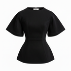 Black peplum top on a white background