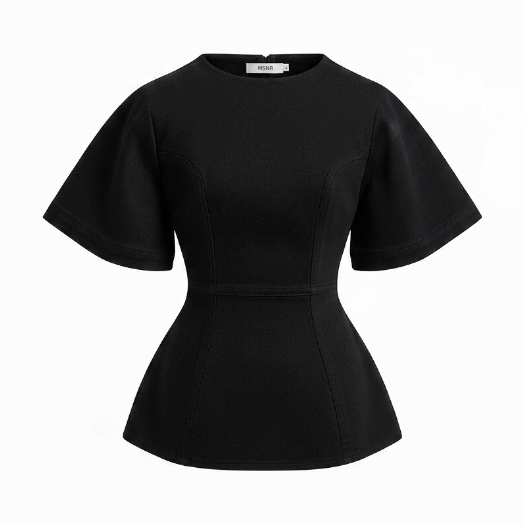 Black peplum top on a white background