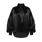 Black satin blouse with a tie-neck design on a white background