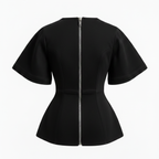 Black peplum top with short sleeves and a zipper on a white background