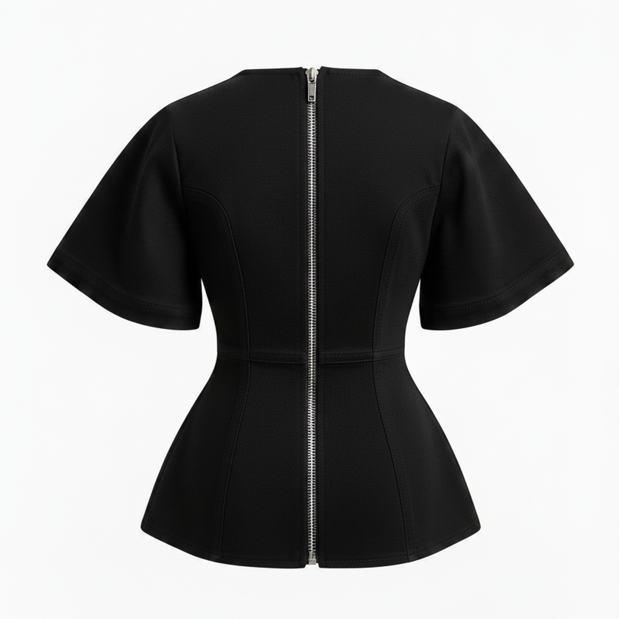 Black peplum top with short sleeves and a zipper on a white background