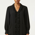 Black blouse with ruffled details on a white background