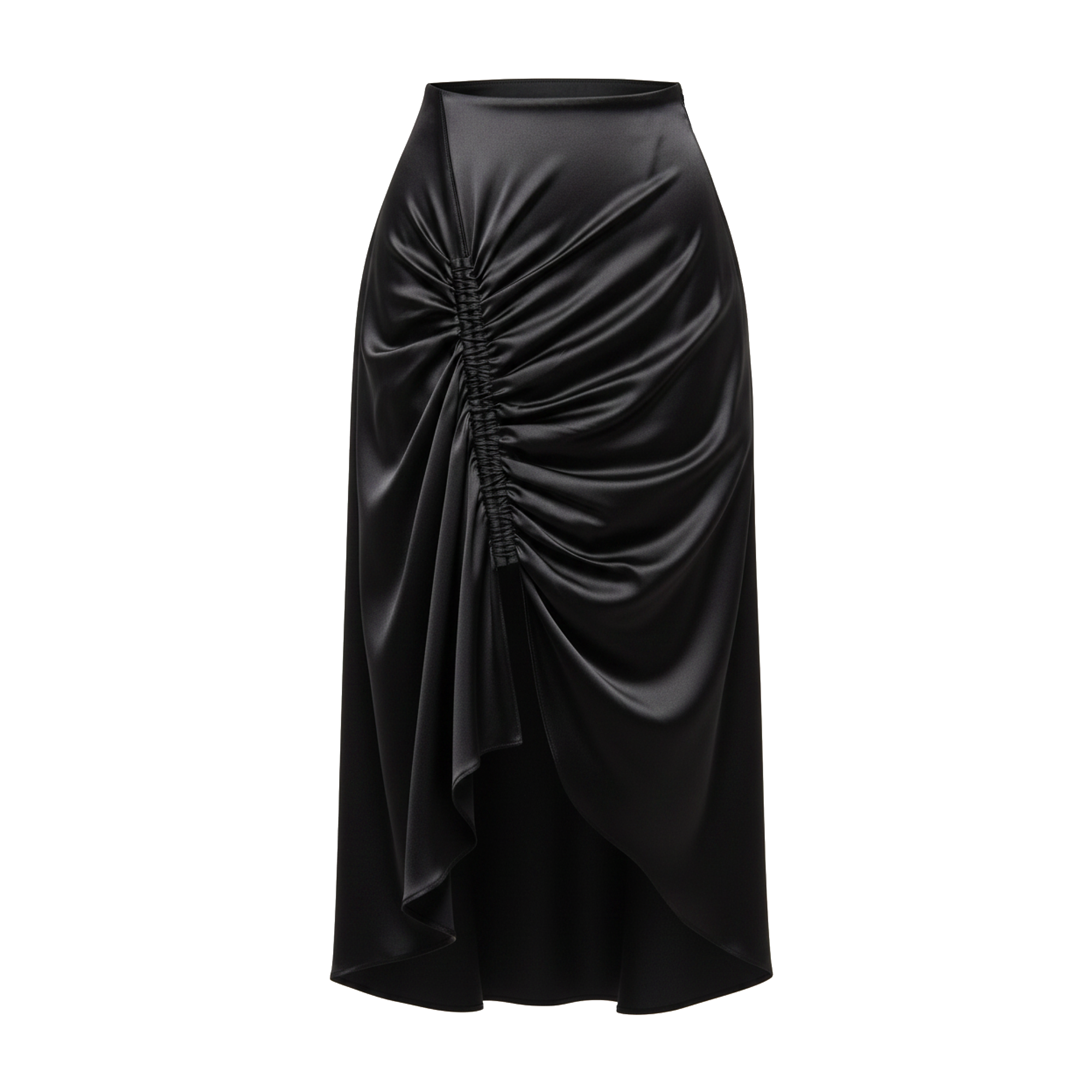 Black satin skirt with ruched design on a white background