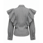 Black and white checkered shirt with ruffled shoulders on a white background