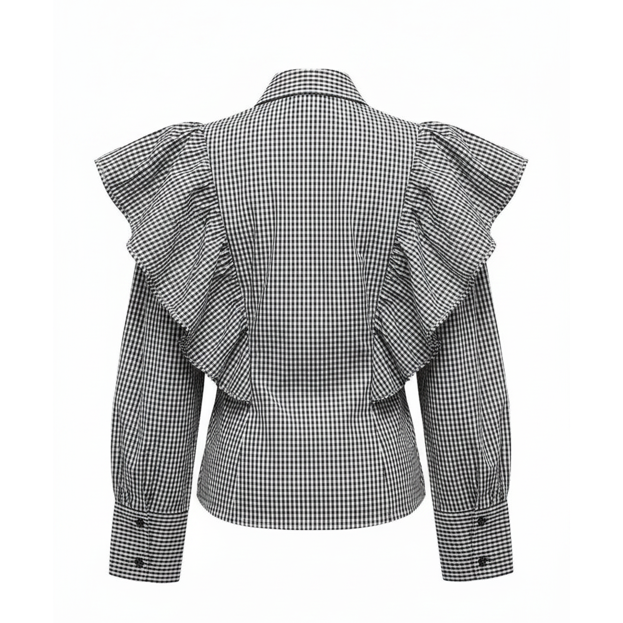 Black and white checkered shirt with ruffled shoulders on a white background