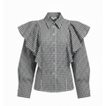 Black and white checkered blouse with ruffled sleeves on a white background