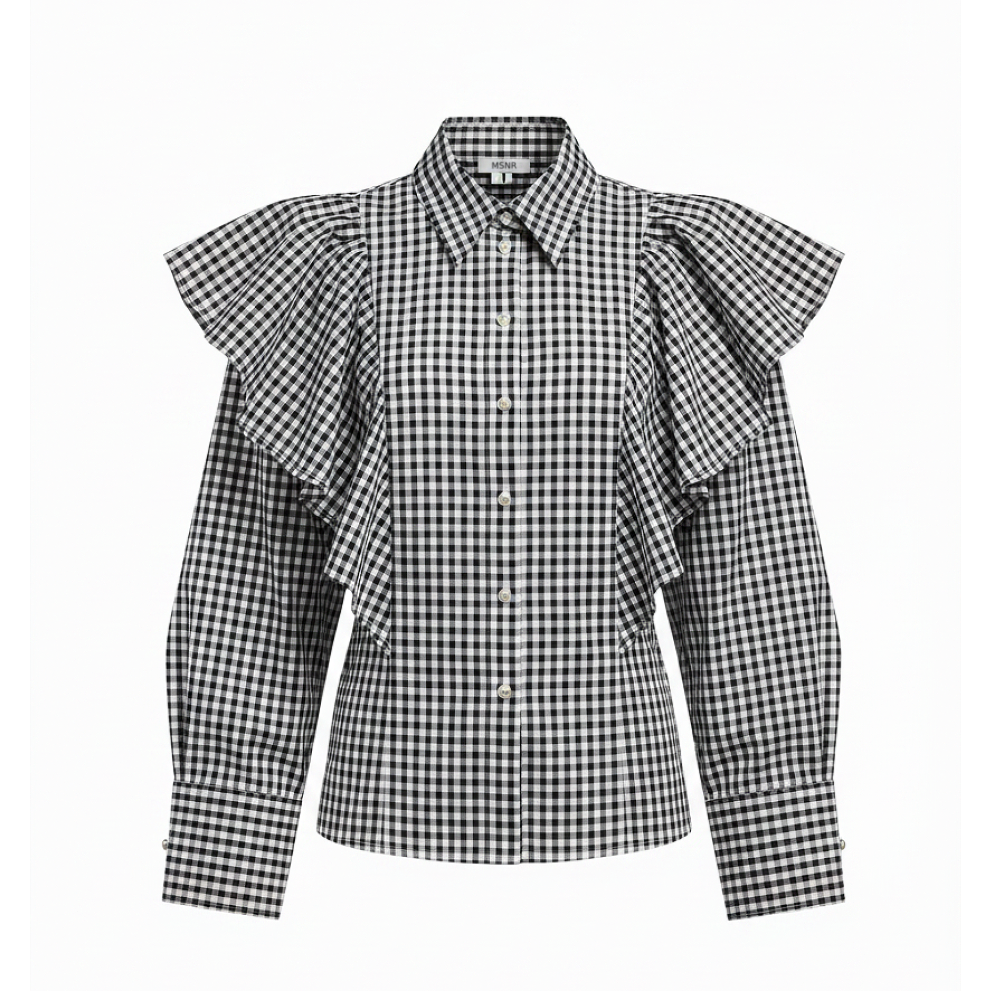 Black and white checkered blouse with ruffled sleeves on a white background