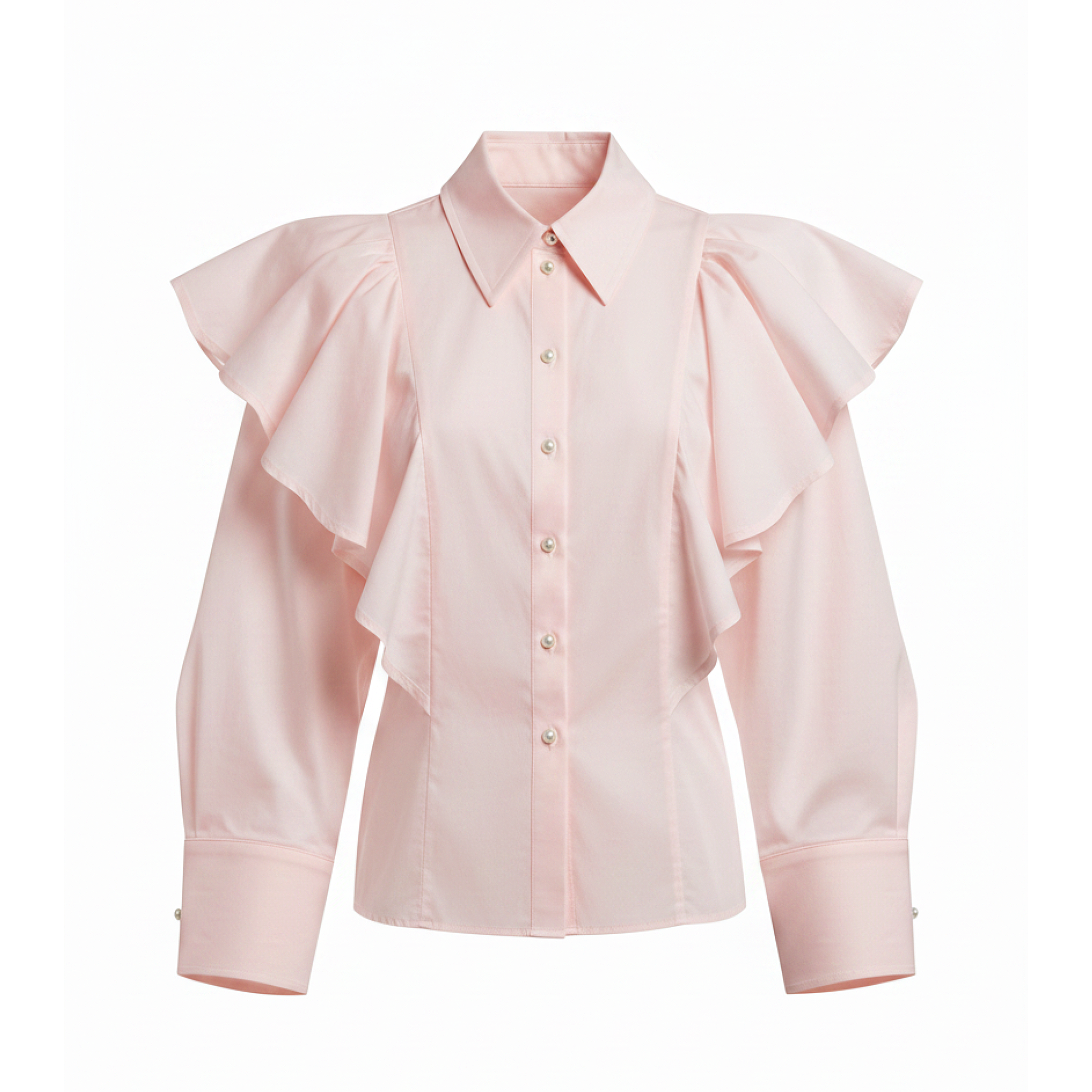 Pink blouse with ruffled sleeves on a white background