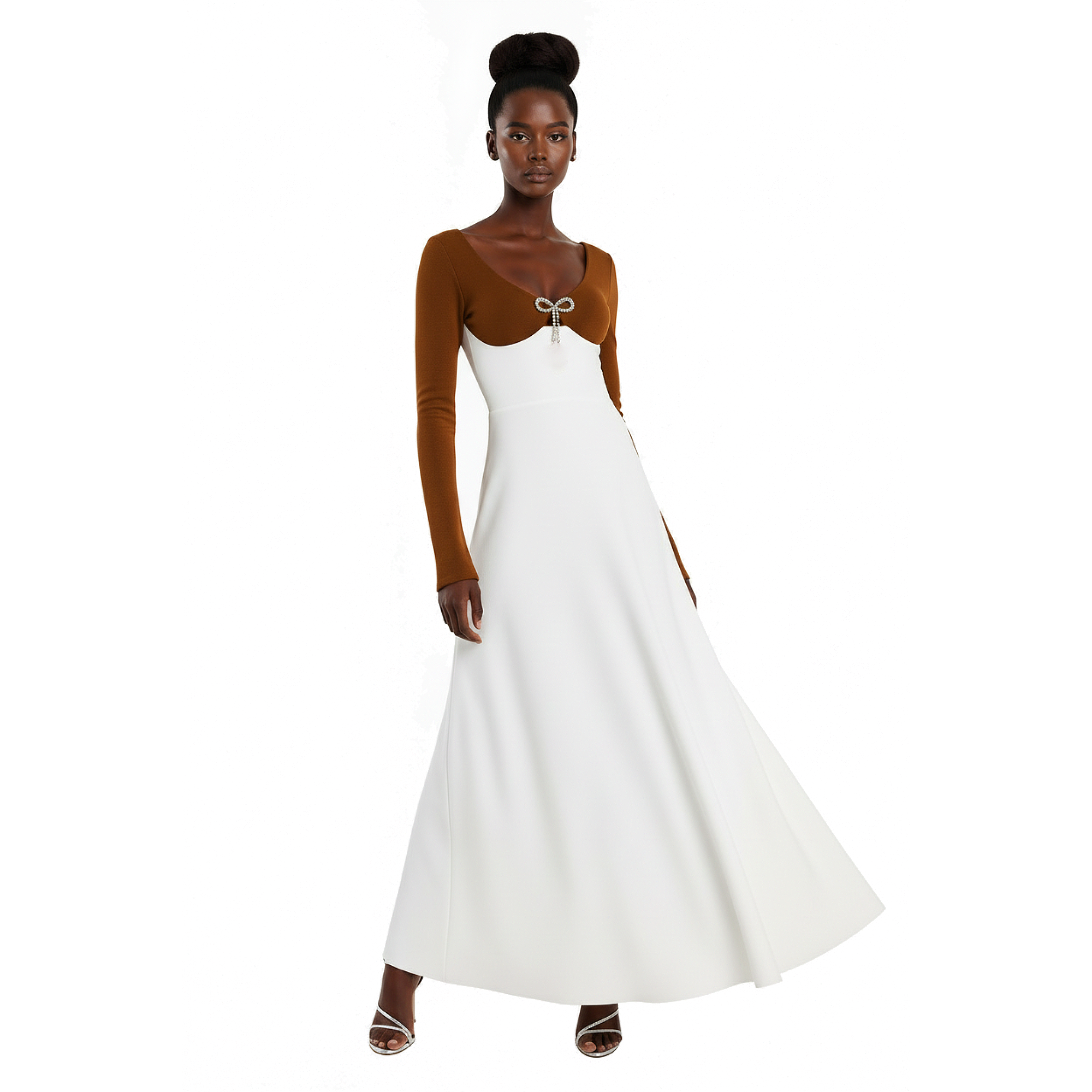 Woman wearing a white dress with a brown top on a white background