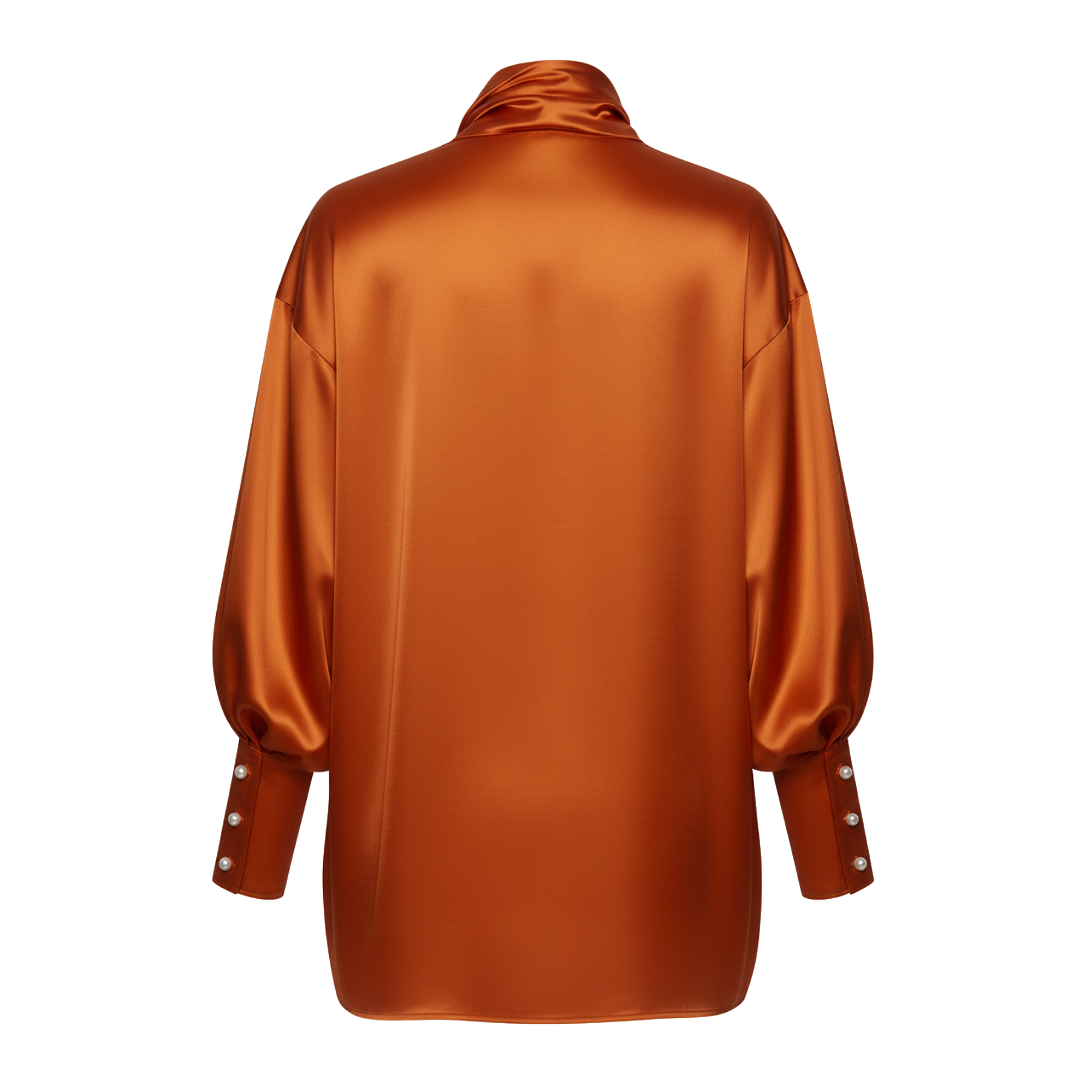 Orange satin blouse with pearl buttons on a white background