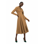 Woman wearing a brown dress on a white background