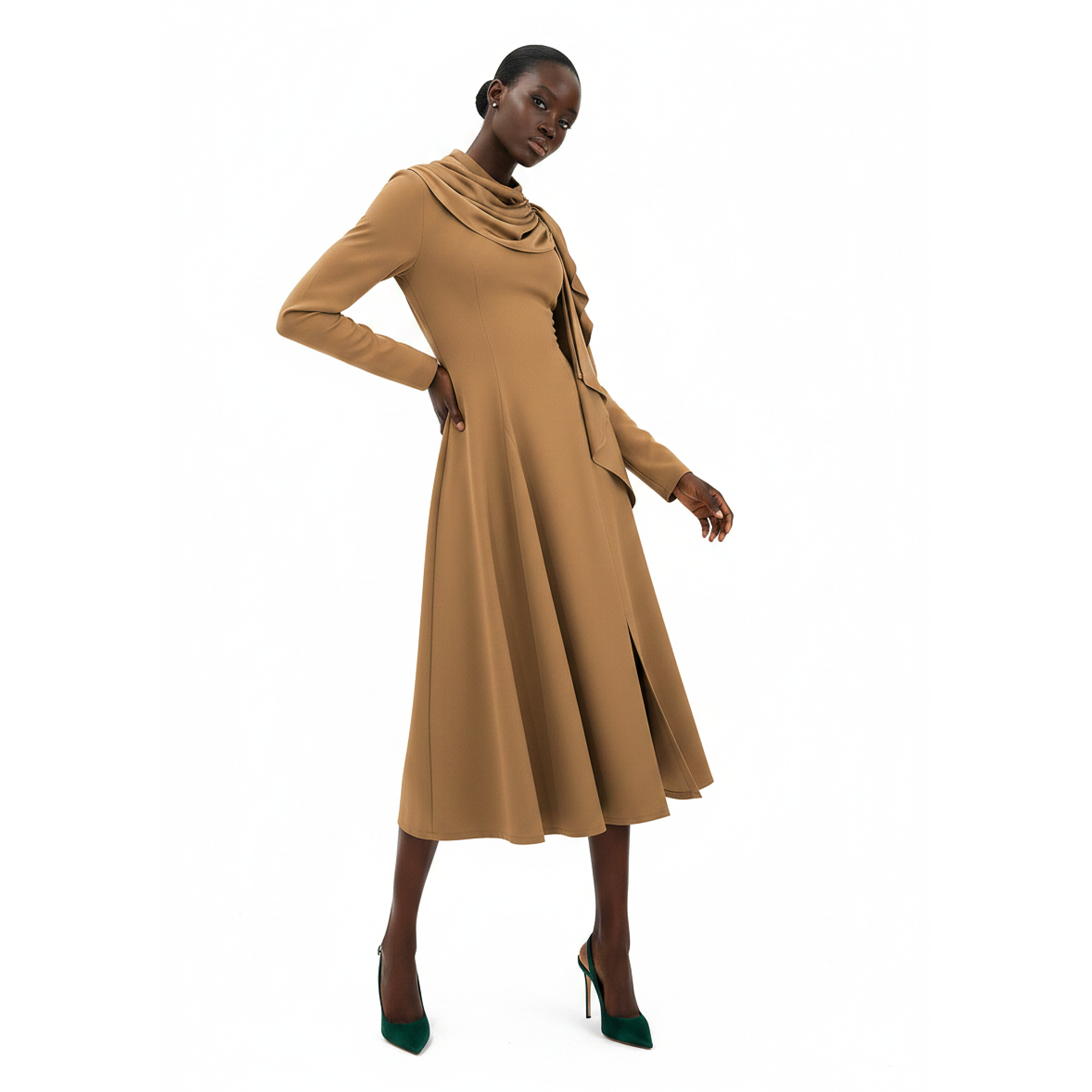 Woman wearing a brown dress on a white background
