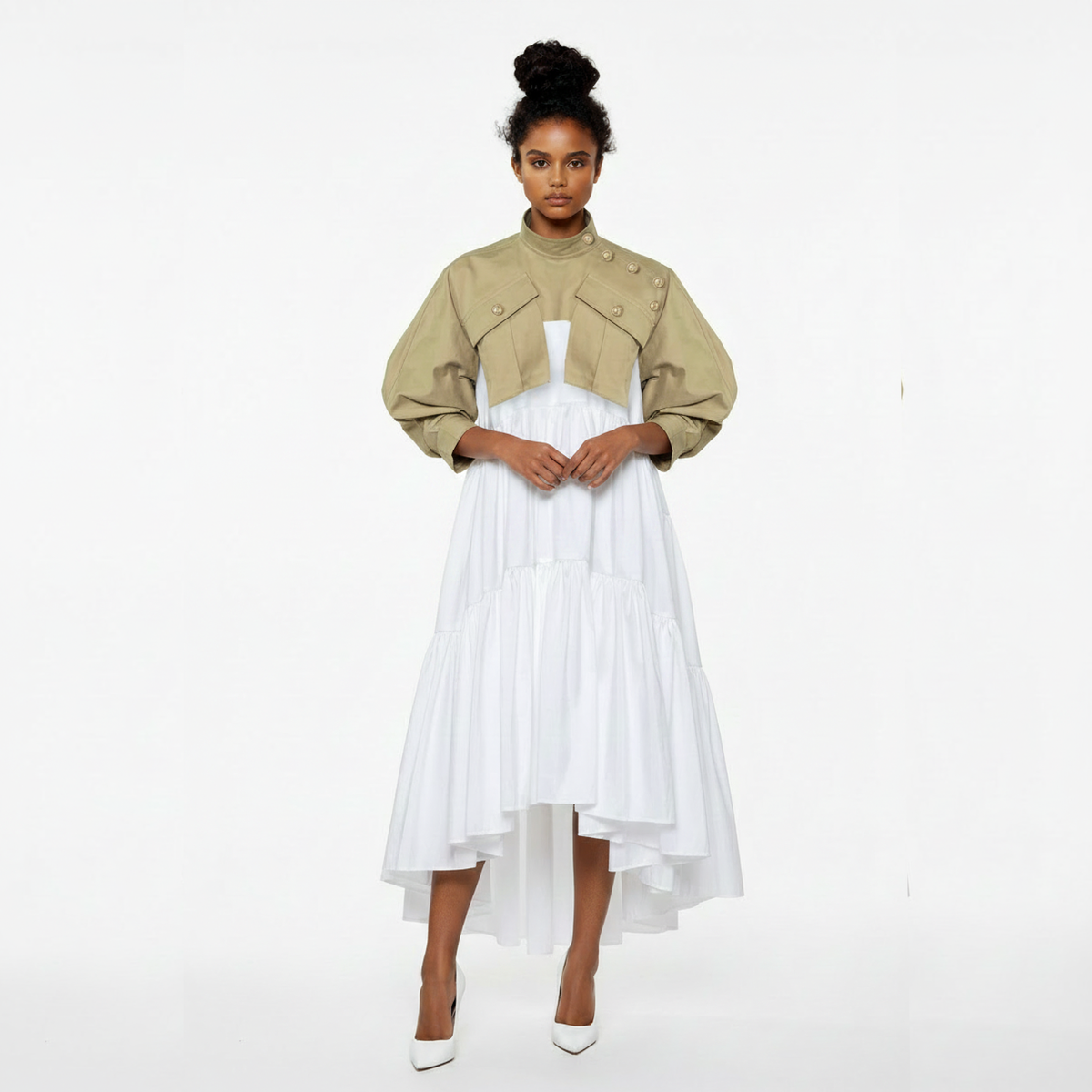 Winter Cargo Tent Dress | Khaki & White Tiered Hi-Low Dress | Maison Aria Maison Aria Global Winter Cargo Tent Dress | Khaki & White Tiered Hi-Low Dress | Maison Aria Maison Aria Global