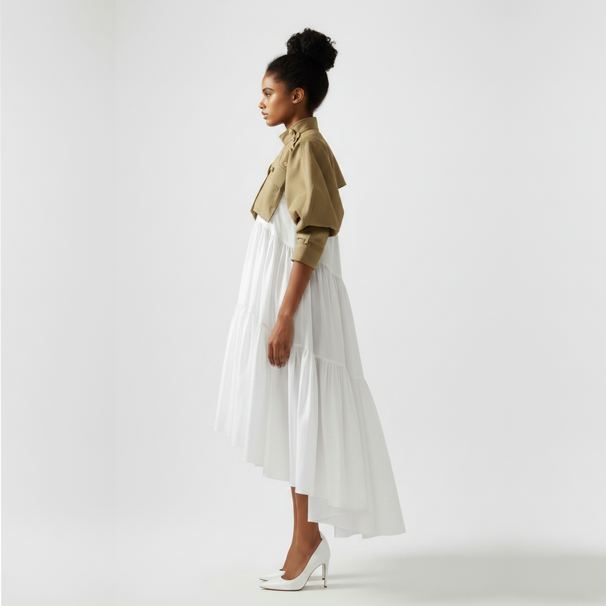 Winter Cargo Tent Dress | Khaki & White Tiered Hi-Low Dress | Maison Aria Maison Aria Global Winter Cargo Tent Dress | Khaki & White Tiered Hi-Low Dress | Maison Aria Maison Aria Global
